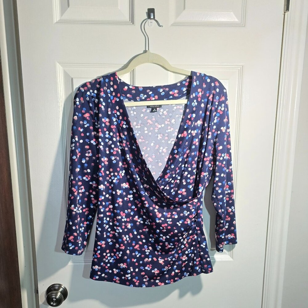 Women's navy blue with polka dots 3/4 sleeve draped front top